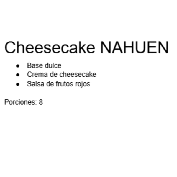 Text on a white background describes "Cheesecake NAHUEN" with ingredients and 8 servings.