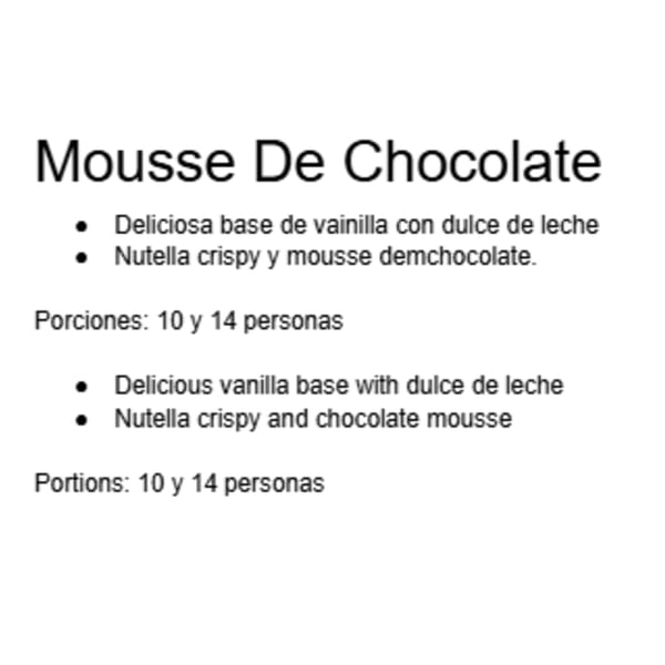 Text describing "Mousse De Chocolate" with vanilla, dulce de leche, Nutella crispy, and chocolate mousse.