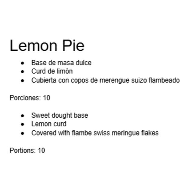 Text describing a lemon pie with sweet dough, lemon curd, and flambe Swiss meringue flakes.