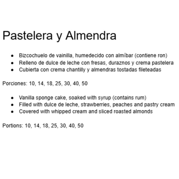 A menu description for "Pastelera y Almendra" cake, detailing its vanilla sponge, dulce de leche, fruit, and almond topping.