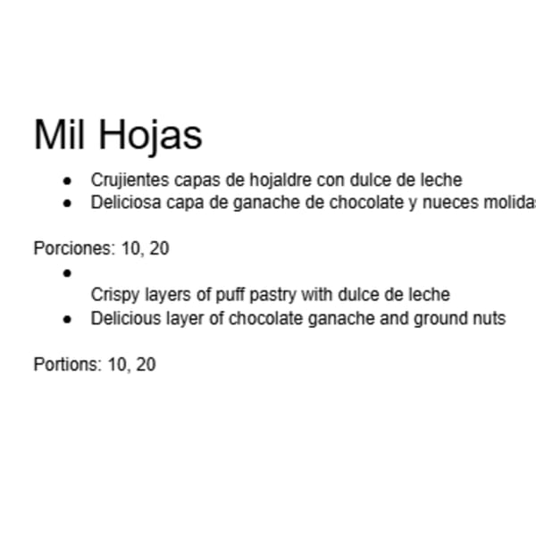 Text description of Mil Hojas dessert with crispy puff pastry, dulce de leche, chocolate ganache, and ground nuts.