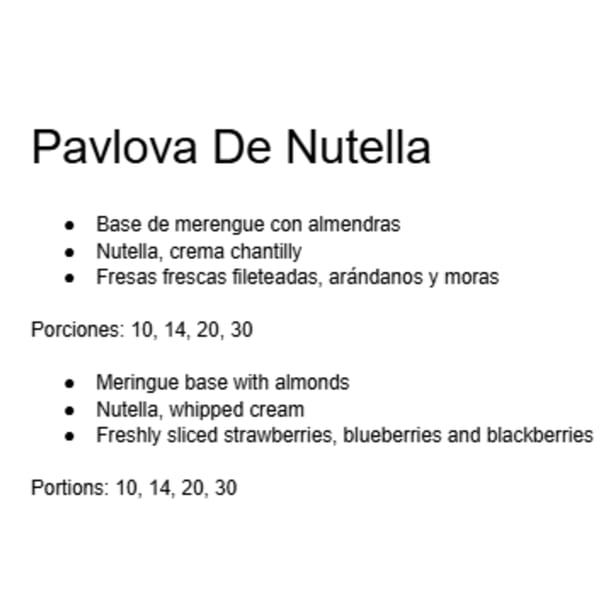 Text describing "Pavlova De Nutella" with ingredients in Spanish and English, and portion sizes.