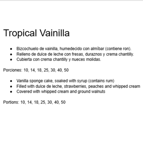 Text describing a "Tropical Vainilla" cake with vanilla sponge, dulce de leche, fruits, and whipped cream.