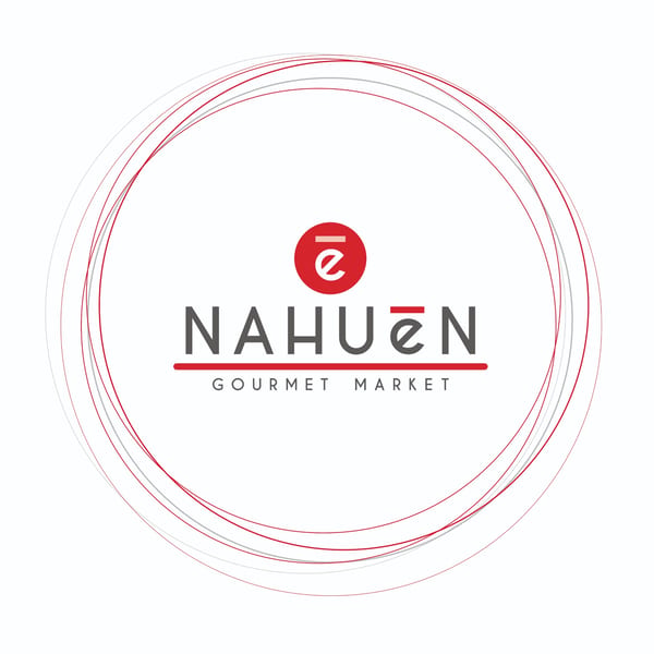 NAHUEN Gourmet Market logo with red and gray text, a red circle, and thin red and gray rings.