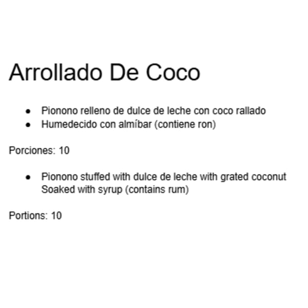A menu description for Arrollado De Coco, a pionono dessert with dulce de leche and coconut.