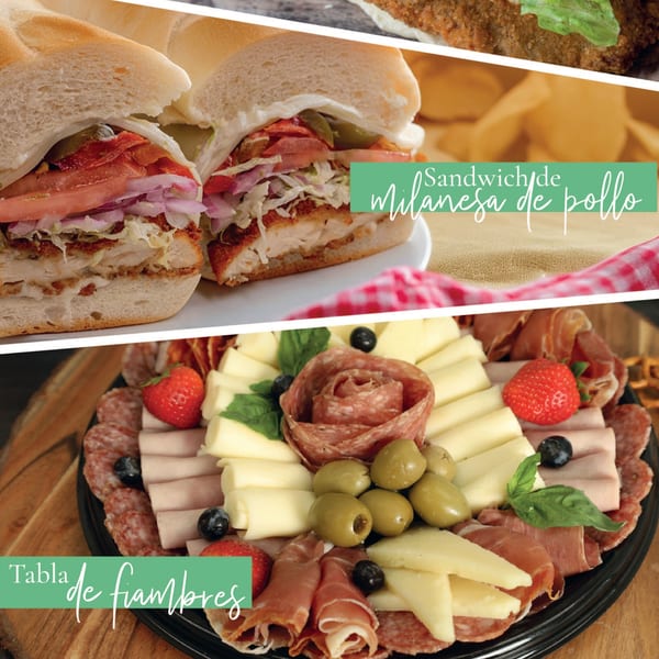 A chicken milanesa sandwich and a charcuterie board with cheeses, meats, olives, and strawberries.