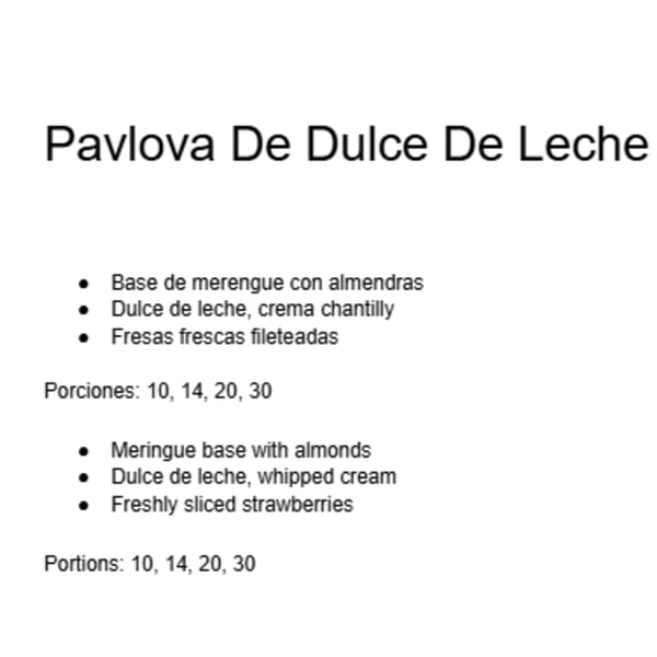 A menu description for Pavlova De Dulce De Leche with ingredients and portion sizes.