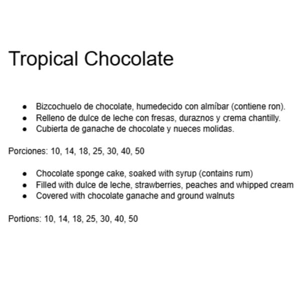 Text describing a "Tropical Chocolate" cake with chocolate sponge, dulce de leche, fruit, and ganache.
