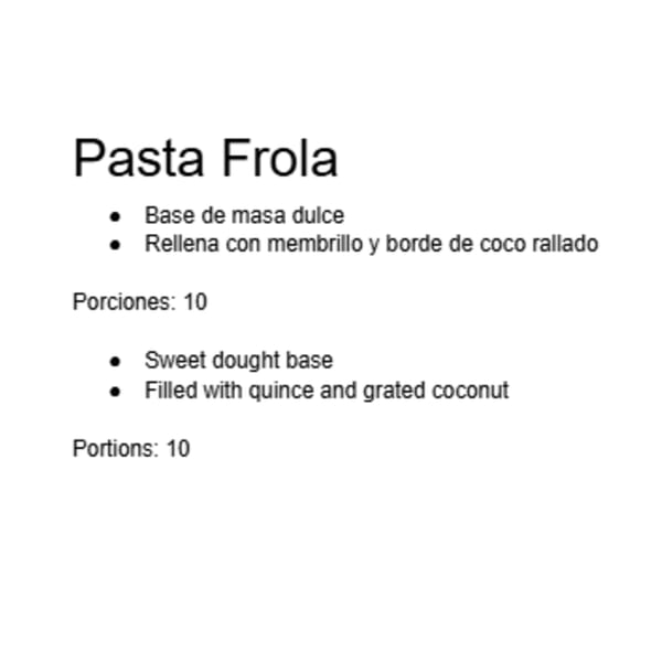 Text describing Pasta Frola with sweet dough, quince, and grated coconut, serving 10.