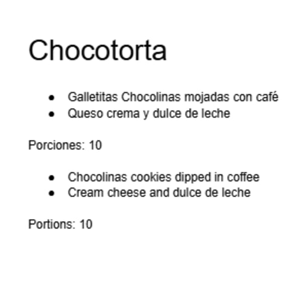 A menu description for Chocotorta, an Argentinian dessert with cookies, cream cheese, and dulce de leche.