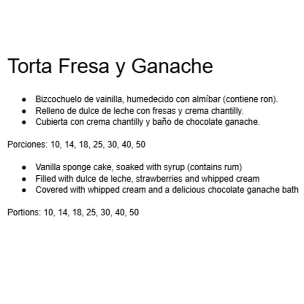 Text describing "Torta Fresa y Ganache" (Strawberry and Ganache Cake) ingredients and portion sizes.