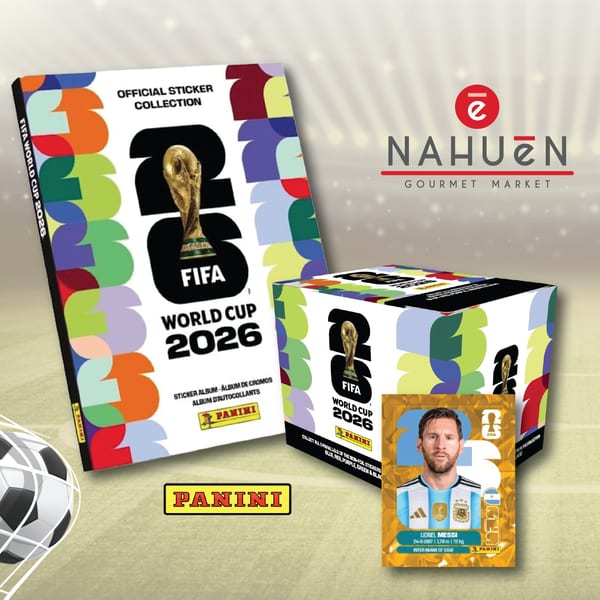 FIFA World Cup 2026 sticker album, box, and Lionel Messi sticker from Panini at Nahuen Gourmet Market.