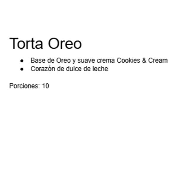 Text describing an Oreo cake with cookies and cream, dulce de leche, and 10 servings.