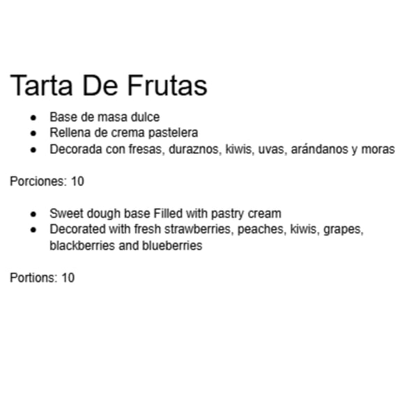 A menu description for "Tarta De Frutas" (Fruit Tart) with ingredients and portion size in Spanish and English.