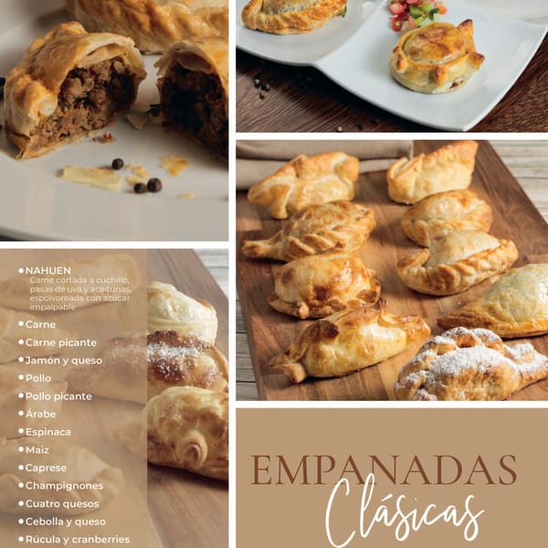 A collage of Argentinian empanadas, some with meat filling visible, and a list of classic flavors.