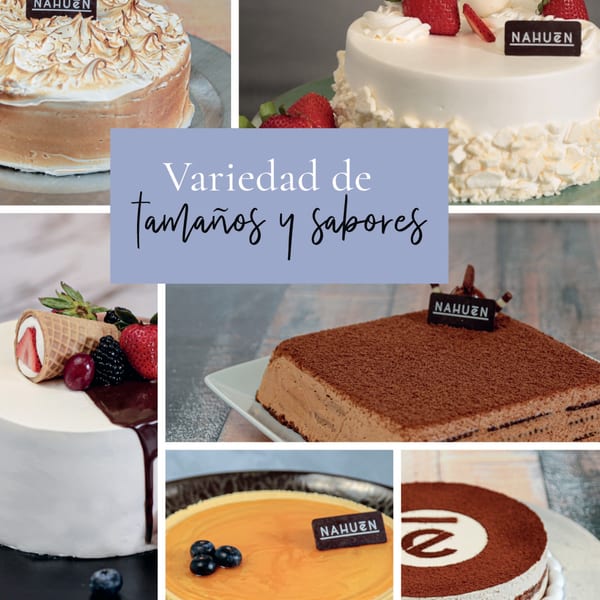 A collage of Nahuen Gourmet Market cakes, including meringue, chocolate, fruit, and tiramisu.