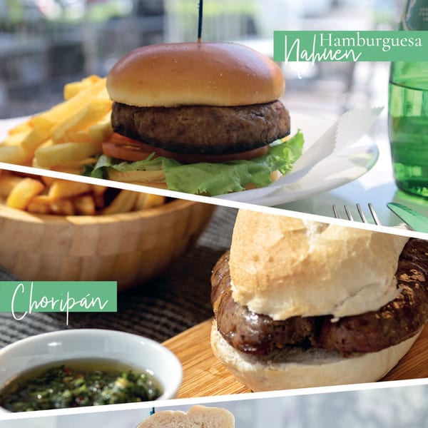 A Nahuen Gourmet Market hamburger with fries and a Choripán with chimichurri sauce.