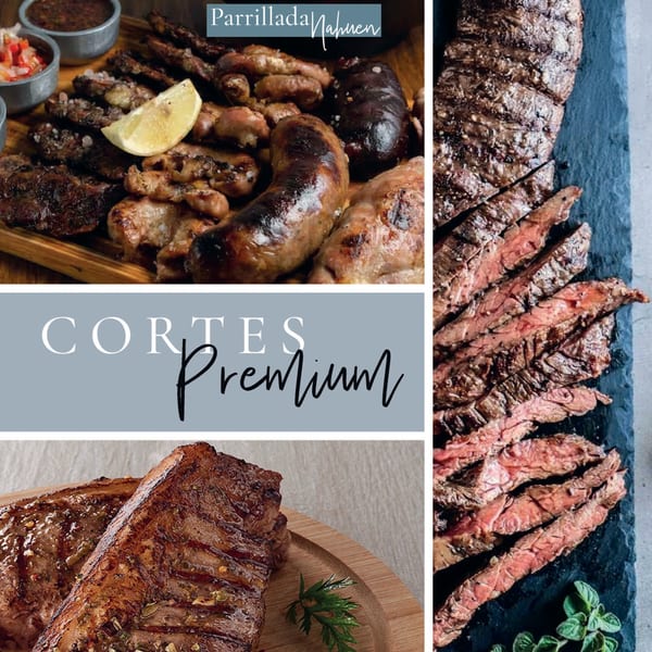 A collage of grilled Argentinian meats, including sausages, steak, and a parrillada platter with lemon.