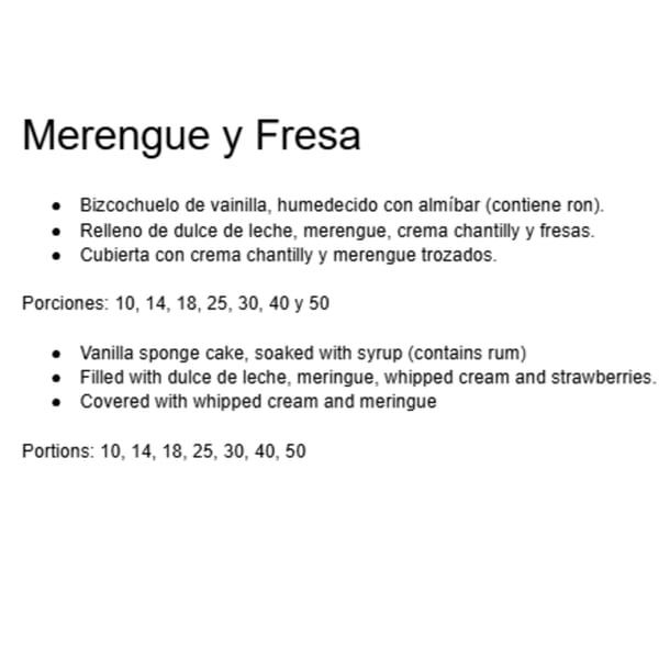 Text description of "Merengue y Fresa" dessert with ingredients and portion sizes in Spanish and English.