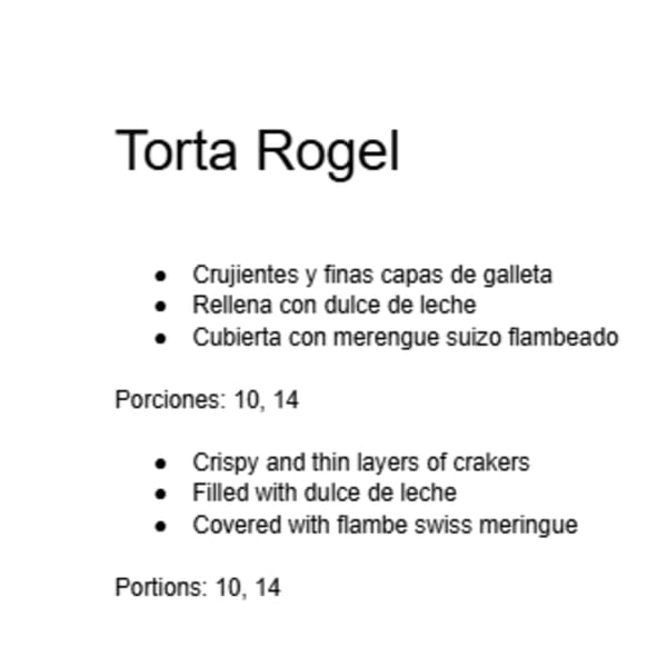 Text describing Torta Rogel with crispy layers, dulce de leche, and flambe Swiss meringue.
