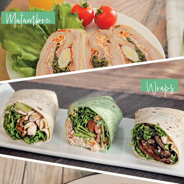 Sliced Matambre with lettuce and tomatoes, and three wraps with various fillings on a white platter.