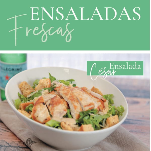 Nahuen Gourmet Market's Caesar salad with grilled chicken, croutons, and dressing in a white bowl.