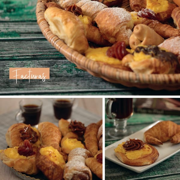 A collage of Argentinian facturas, including croissants with dulce de leche and pastries with custard.