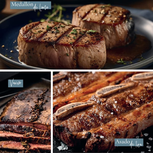 A collage of three Argentinian meat dishes: beef medallions, sliced flank steak, and grilled short ribs.