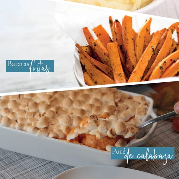 Sweet potato fries in a white bowl and mashed sweet potatoes with toasted marshmallows in a baking dish.