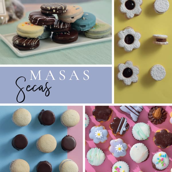 A collage of various Argentinian cookies, including alfajores and decorated shortbread, on colorful backgrounds.