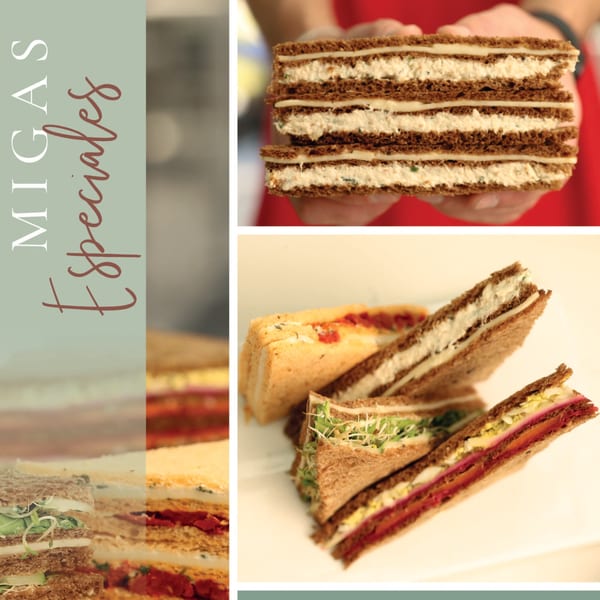 A collage of Argentinian migas sandwiches, including a multi-layered one held by hands.