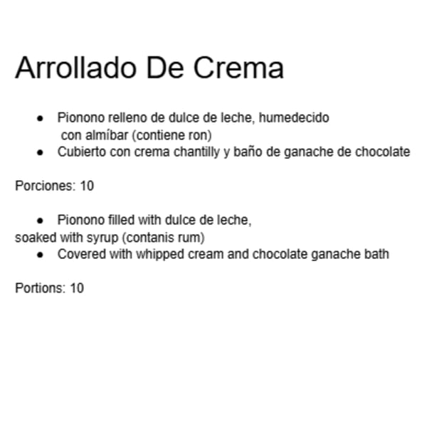 Text describing "Arrollado De Crema" with ingredients in Spanish and English, serving 10 portions.