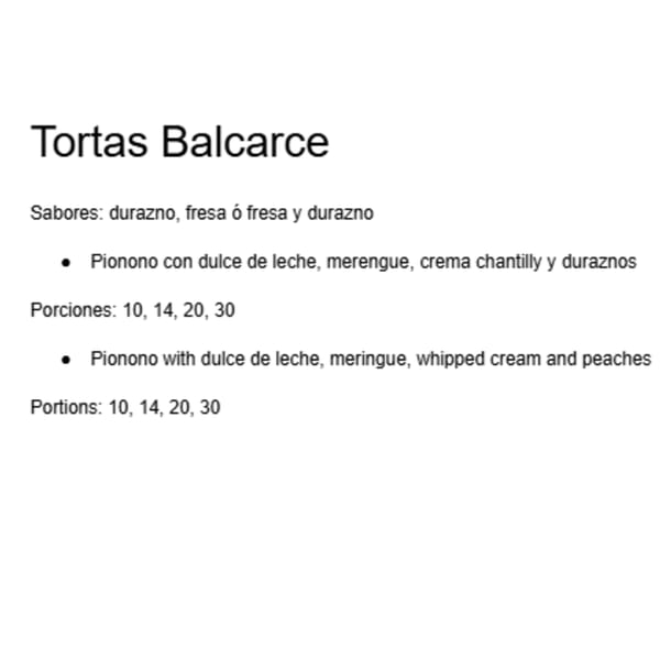 Text menu for Tortas Balcarce, listing flavors and ingredients like dulce de leche and peaches.