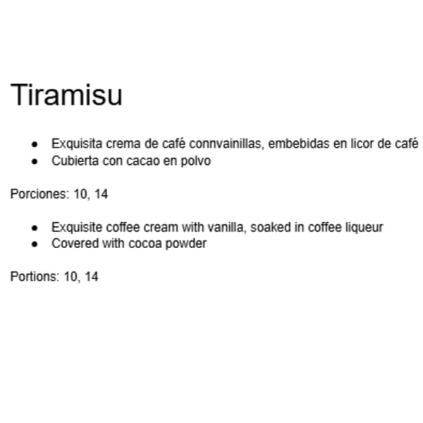 A menu description for Tiramisu, detailing coffee cream with vanilla, coffee liqueur, and cocoa powder.