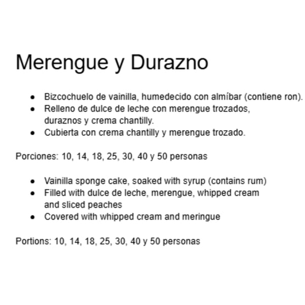 Text describing the Merengue y Durazno cake ingredients and portion sizes in Spanish and English.