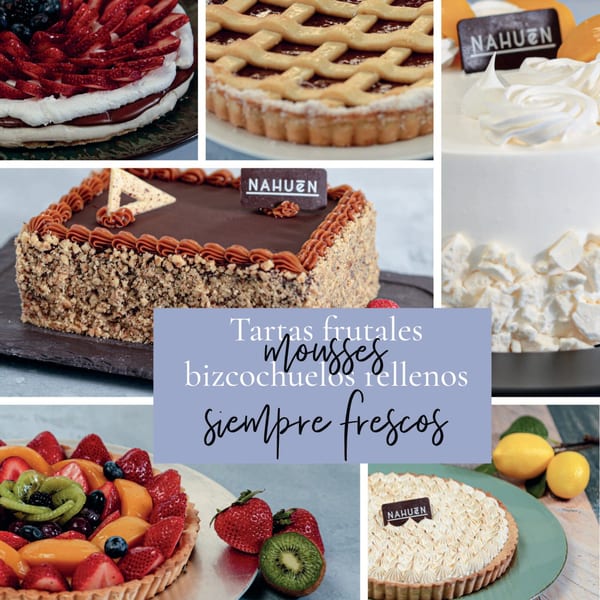 A collage of Nahuen Gourmet Market's Argentinian desserts, including fruit tarts, cakes, and meringues.