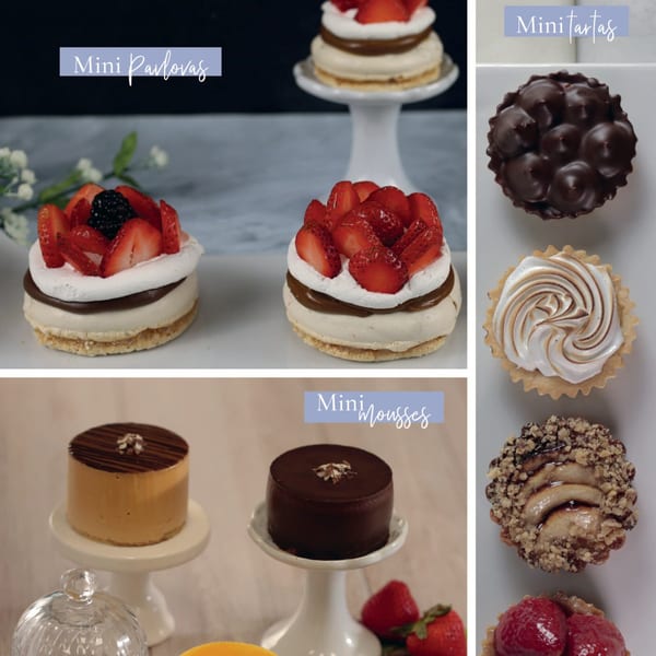 A collage of various Argentinian desserts, including mini pavlovas, tarts, and mousses.