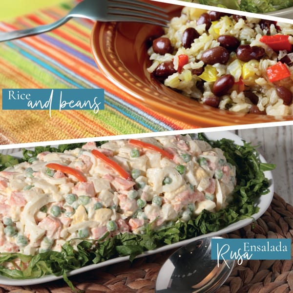 A split image showing rice and beans in a brown bowl, and a creamy Ensalada Rusa.