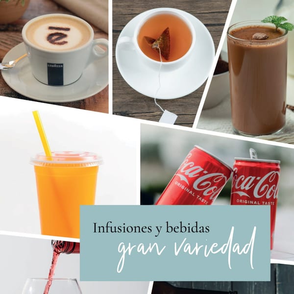 Collage of various beverages including coffee, tea, hot chocolate, orange juice, Coca-Cola cans, and red wine.