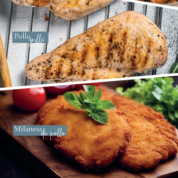Grilled chicken breast and breaded chicken cutlets with basil, tomatoes, and lettuce.