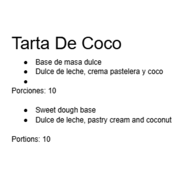 Text describing "Tarta De Coco" with ingredients like dulce de leche, pastry cream, and coconut.