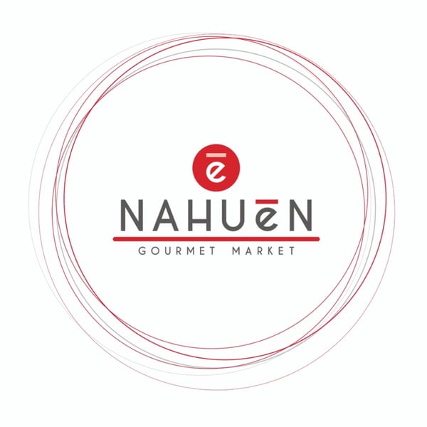 NAHUEN Gourmet Market logo with red and gray text, surrounded by thin red and gray circular lines.