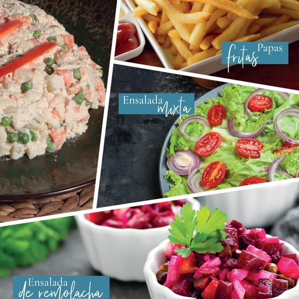 Collage of Argentinian dishes: Russian salad, french fries, mixed salad, and beet salad.